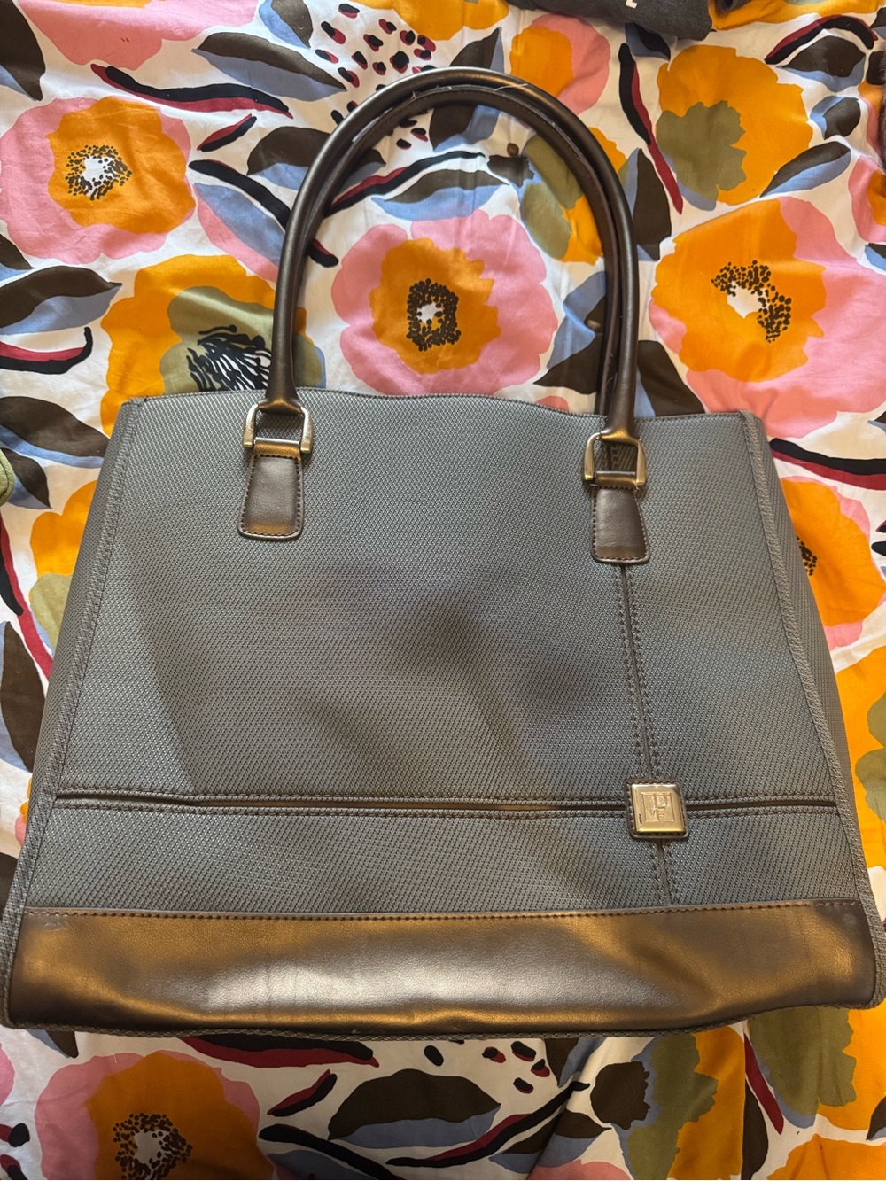 Diane Von Firstenberg DVF Taupe & Gold Large Tote Bag with Leather Trim